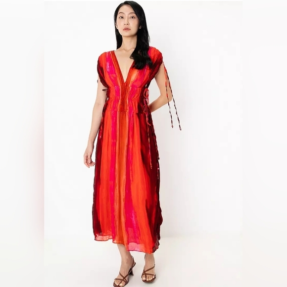 Zara Viscose Ombre Pleated V-neck Side/Shoulder ties Lined Maxi Dress Size XL - Picture 3 of 13